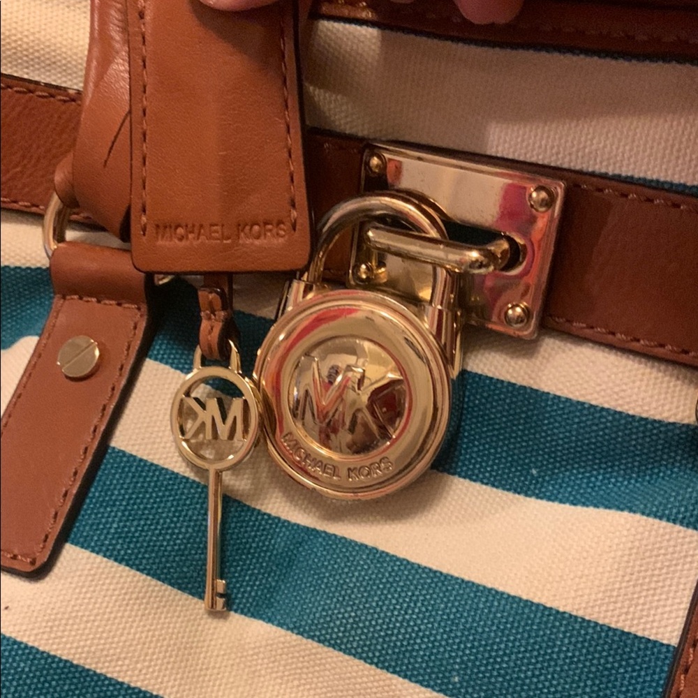 Michael Kors Blue & White Striped Tote with Brown Leather Trim